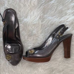 Coach grey metallic heels with gold clasp